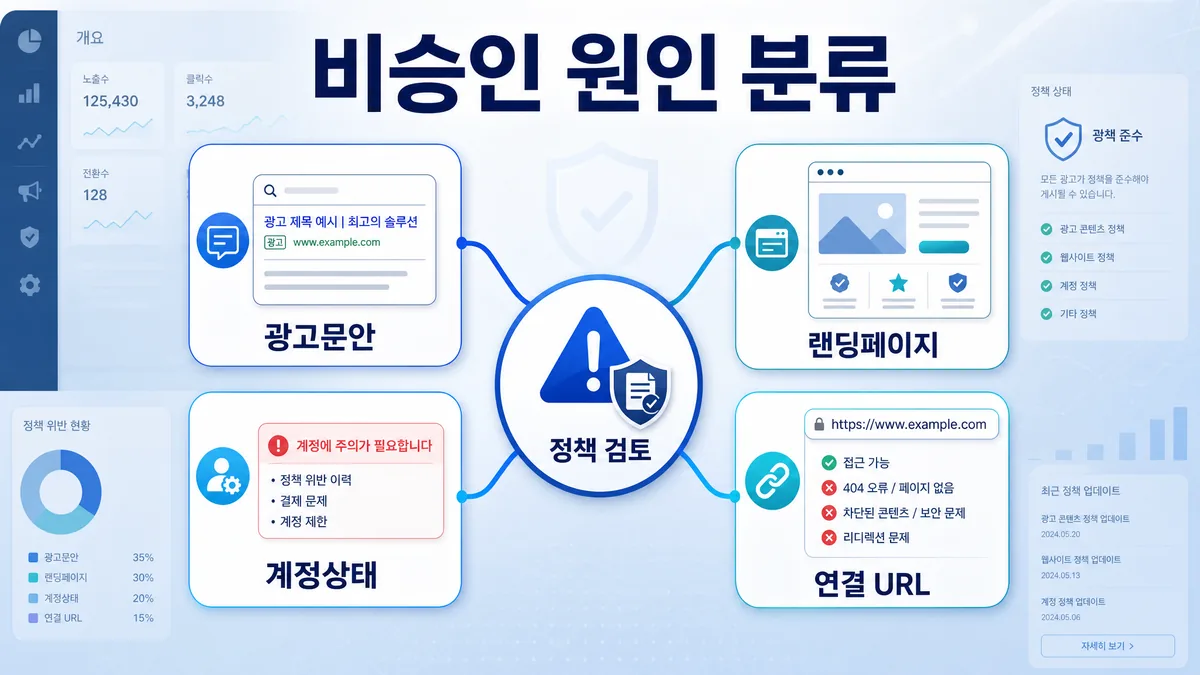 애드워즈 광고승인 비승인 원인을 광고문안과 랜딩페이지, 계정상태로 분류한 이미지