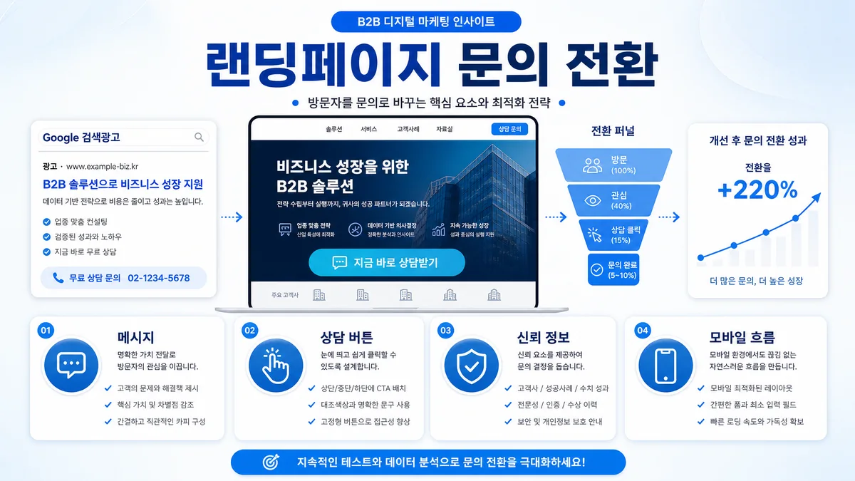 광고 랜딩페이지 개선 방법과 문의 전환 흐름을 설명하는 인포그래픽