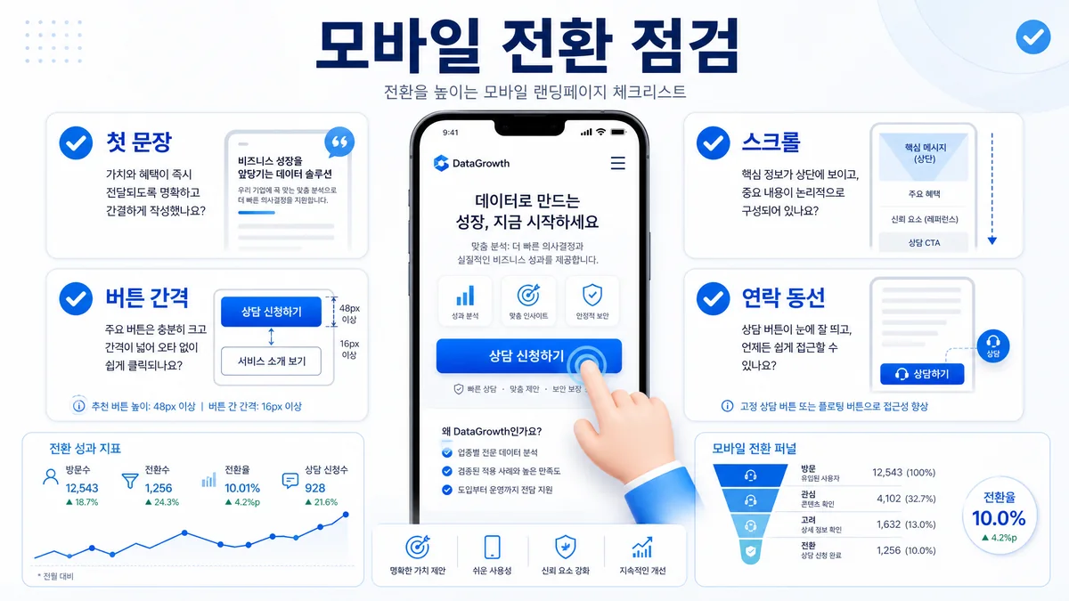 모바일 랜딩페이지 전환을 위한 첫 문장 버튼 스크롤 연락 동선 이미지