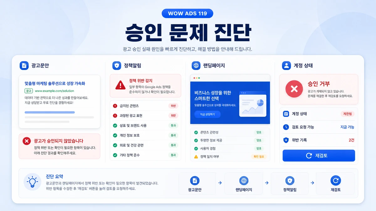 애드워즈 광고승인 안됨 문제를 광고문안 랜딩페이지 정책알림 재검토로 진단하는 이미지
