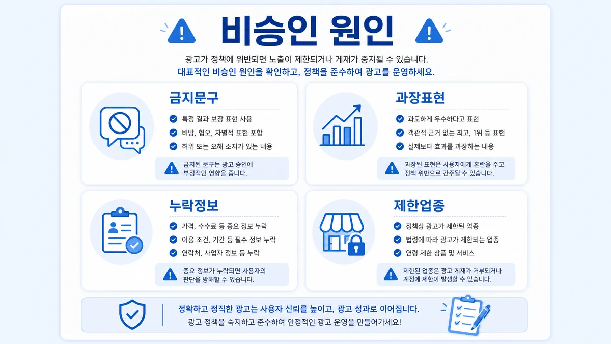 애드워즈 광고 비승인 원인을 금지문구 과장표현 누락정보 제한업종으로 분류한 이미지