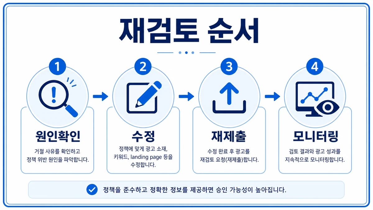애드워즈 광고 재검토 순서를 원인확인 수정 재제출 모니터링으로 정리한 이미지