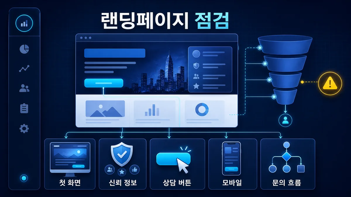 광고대행 상담에서 랜딩페이지 첫 화면과 문의 흐름을 점검하는 이미지