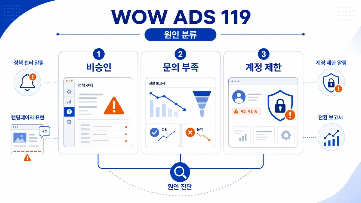 기존 Google Ads 계정의 비승인 문의 부족 계정 제한 문제를 분류하는 인포그래픽