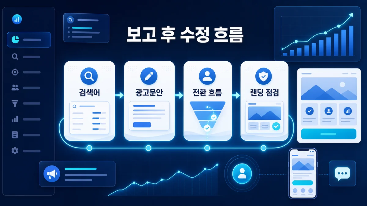 광고대행 보고서 해석과 랜딩페이지 점검 흐름을 보여주는 이미지