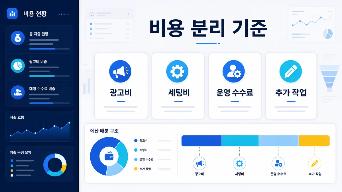 광고비와 대행 수수료를 분리해 애드워즈 광고대행 견적을 비교하는 이미지