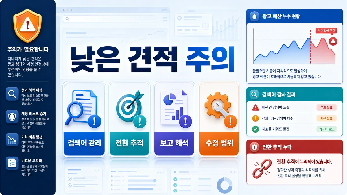 낮은 광고대행 견적에서 검색어 관리와 전환 추적 누락을 주의하는 이미지