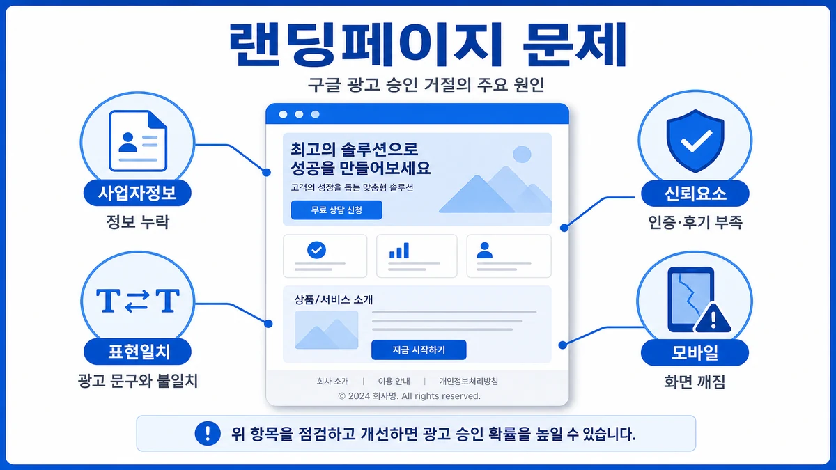 구글 광고 거절 이유 중 랜딩페이지 사업자정보 신뢰요소 표현일치 모바일 문제 이미지