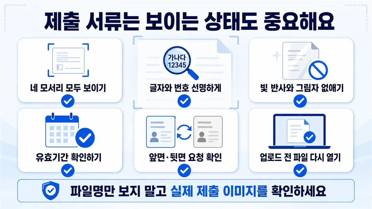 광고주 인증 제출 서류의 모서리 선명도 반사 유효기간 앞뒤 면을 점검하는 이미지