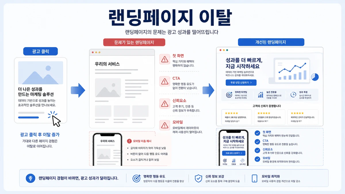 광고 클릭 후 랜딩페이지 첫 화면 CTA 신뢰요소 모바일 구조가 약해 이탈하는 이미지