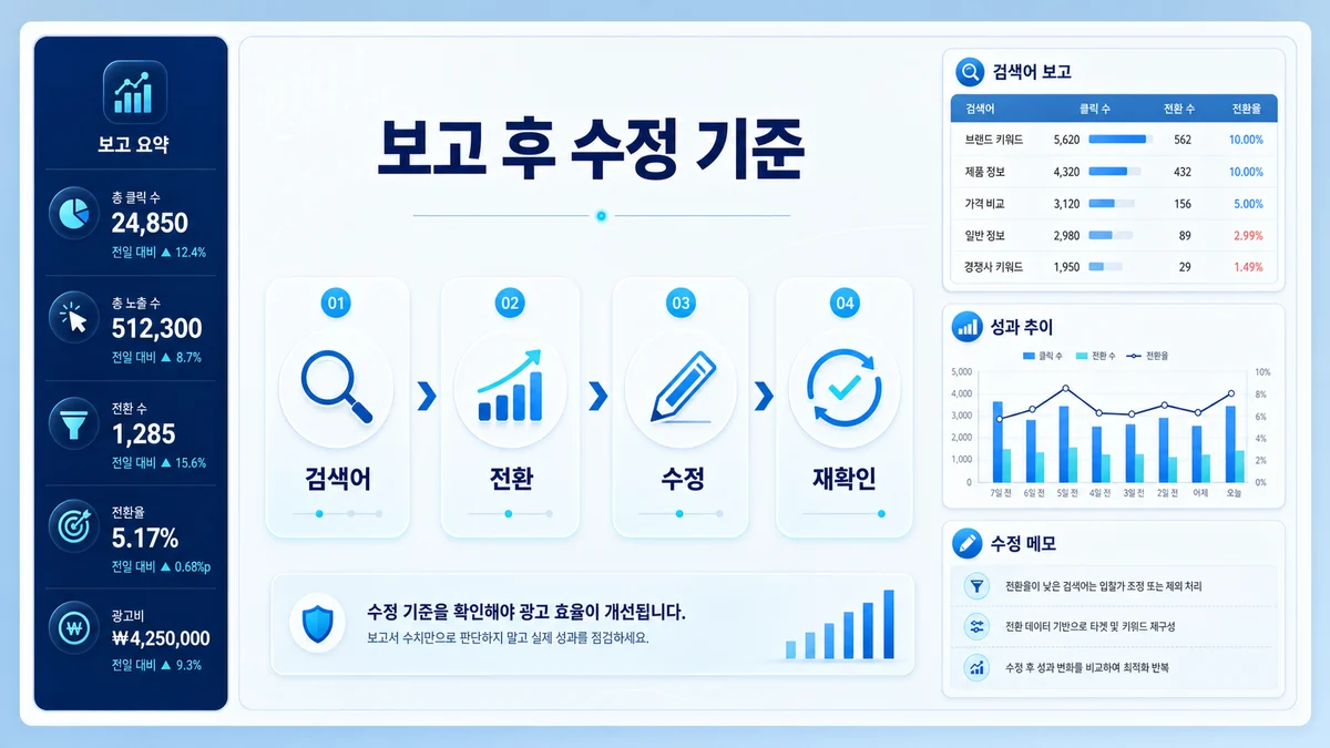 광고대행 보고 후 검색어 전환 수정 재확인 흐름을 정리한 이미지