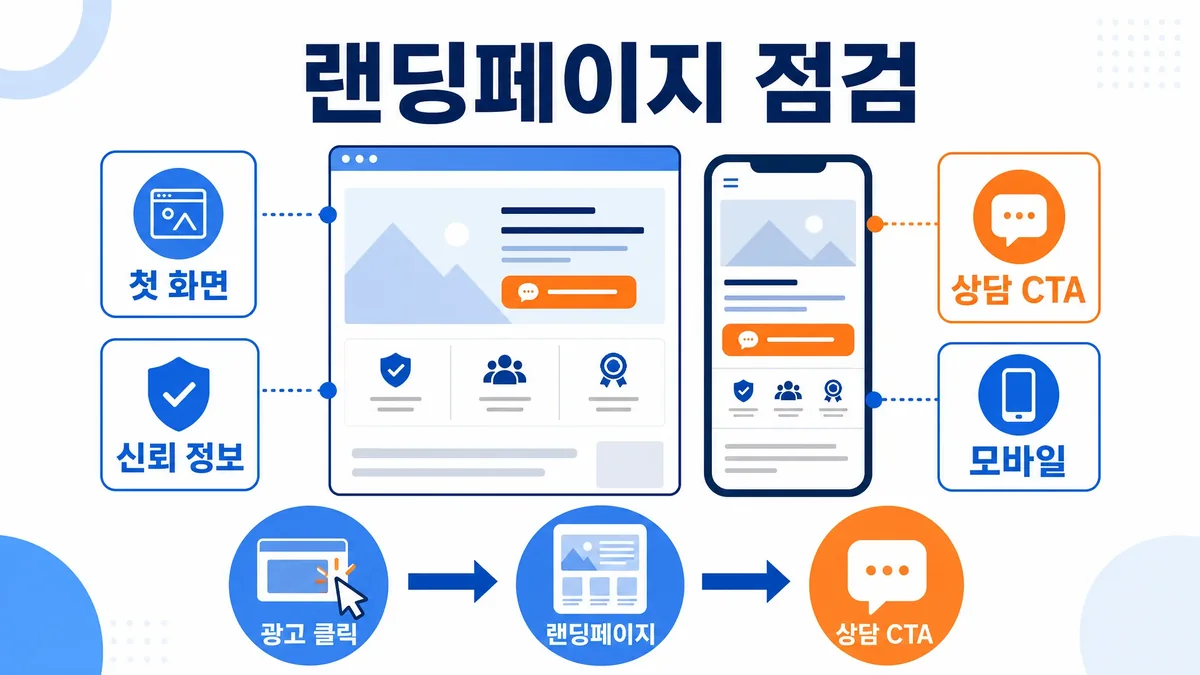 구글 광고승인 상담 랜딩페이지의 첫 화면 신뢰 정보 모바일 CTA 점검 이미지