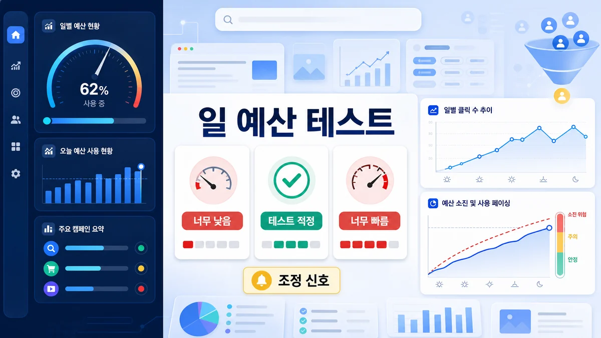 구글 광고 일 예산 테스트와 지출 속도 판단 기준을 정리한 이미지