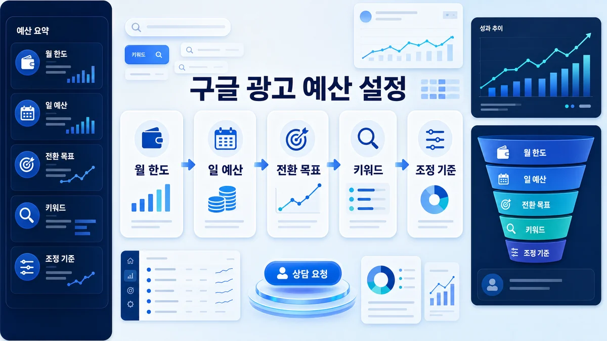 구글 광고 예산 설정 방법의 월 한도와 전환 기준을 설명하는 히어로 이미지