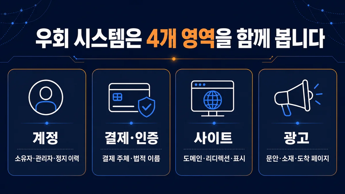 우회 시스템 정책 위반에서 계정 결제 인증 사이트 광고를 함께 확인하는 4개 영역