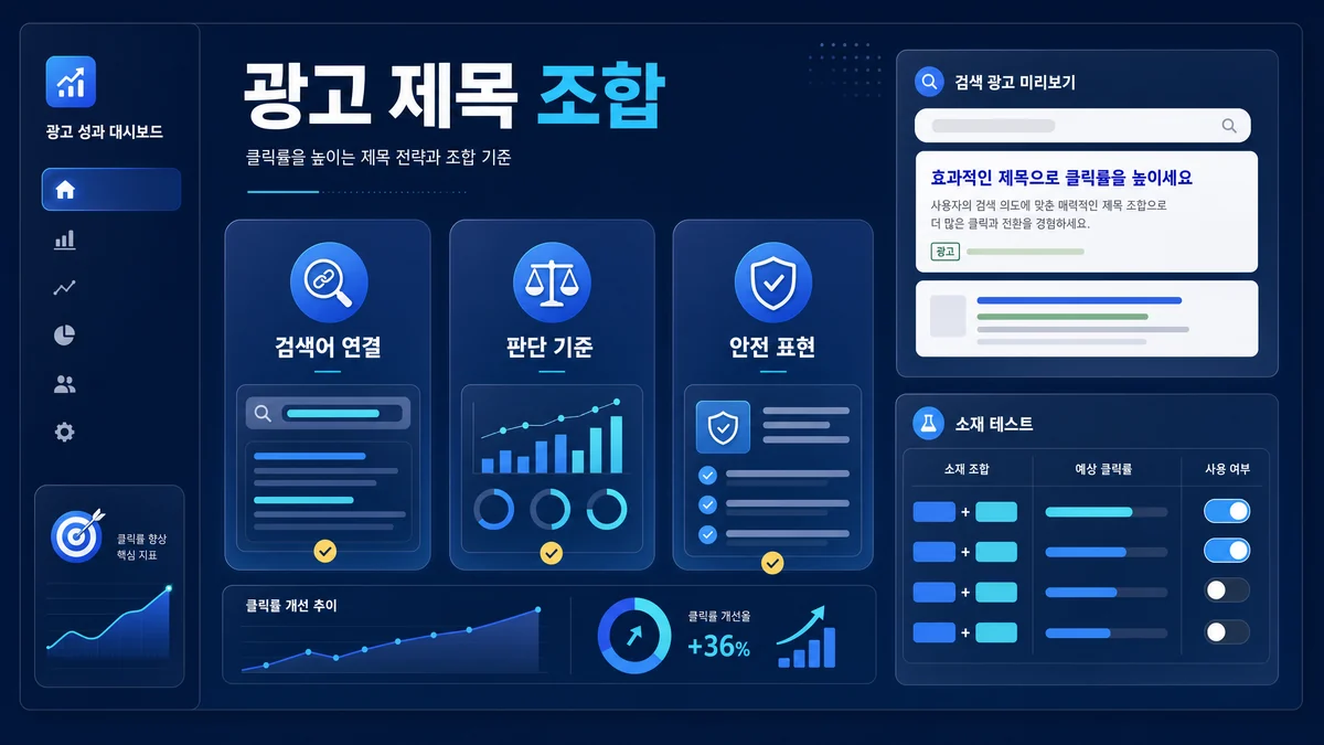 구글 광고 제목 조합과 소재 테스트 기준을 설명하는 이미지