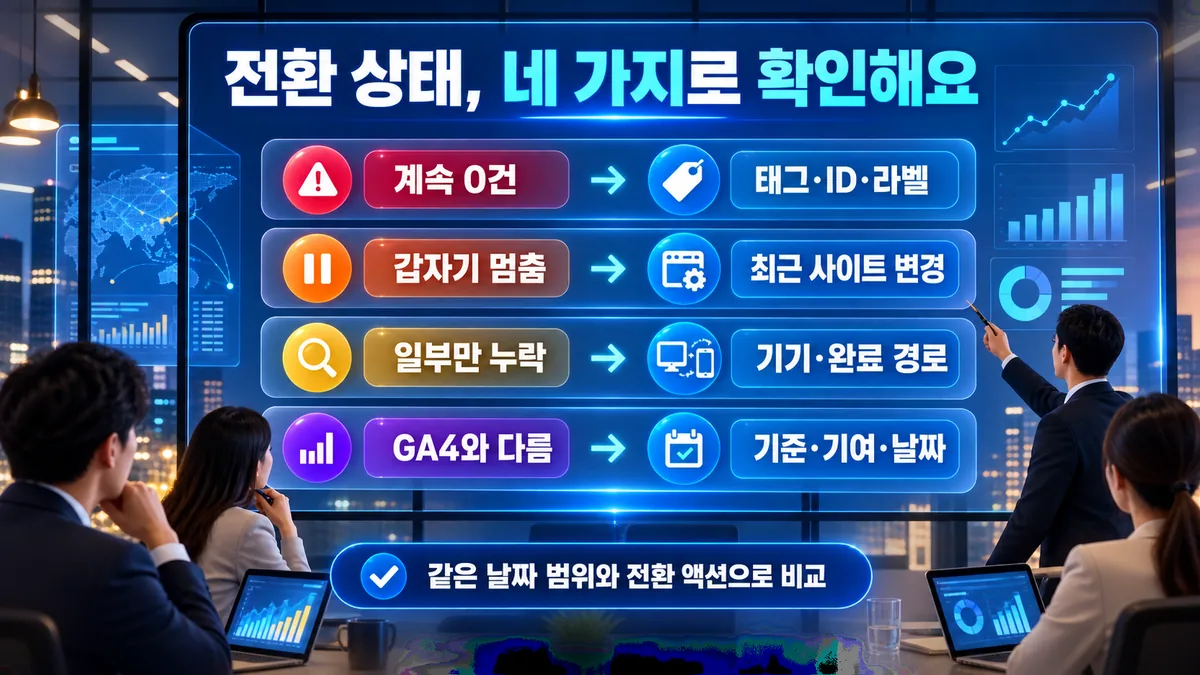 전환 0건과 갑작스러운 중단 및 일부 누락을 구분하는 네 가지 상태