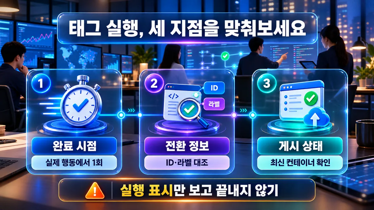 완료 시점과 전환 ID 라벨 및 게시 상태를 대조하는 태그 실행 점검