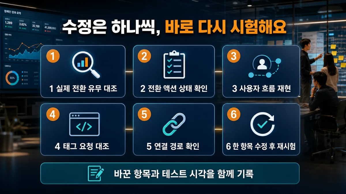 실제 전환 대조부터 한 항목 수정 후 재시험까지 여섯 단계