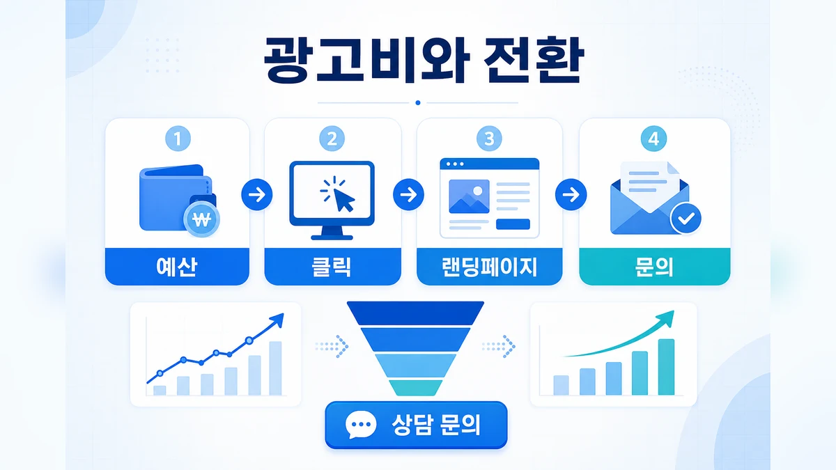 광고비가 클릭 랜딩페이지 문의 전환으로 이어지는 흐름을 설명하는 이미지