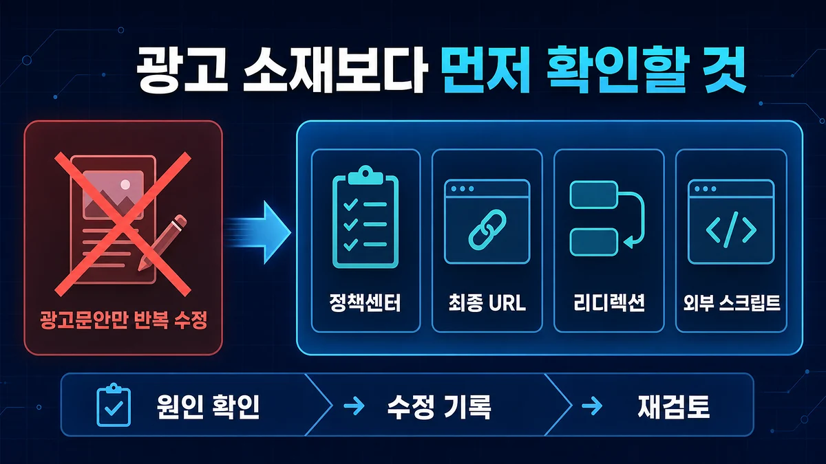 광고문안보다 정책센터, 최종 URL, 리디렉션, 외부 스크립트를 먼저 확인하는 순서