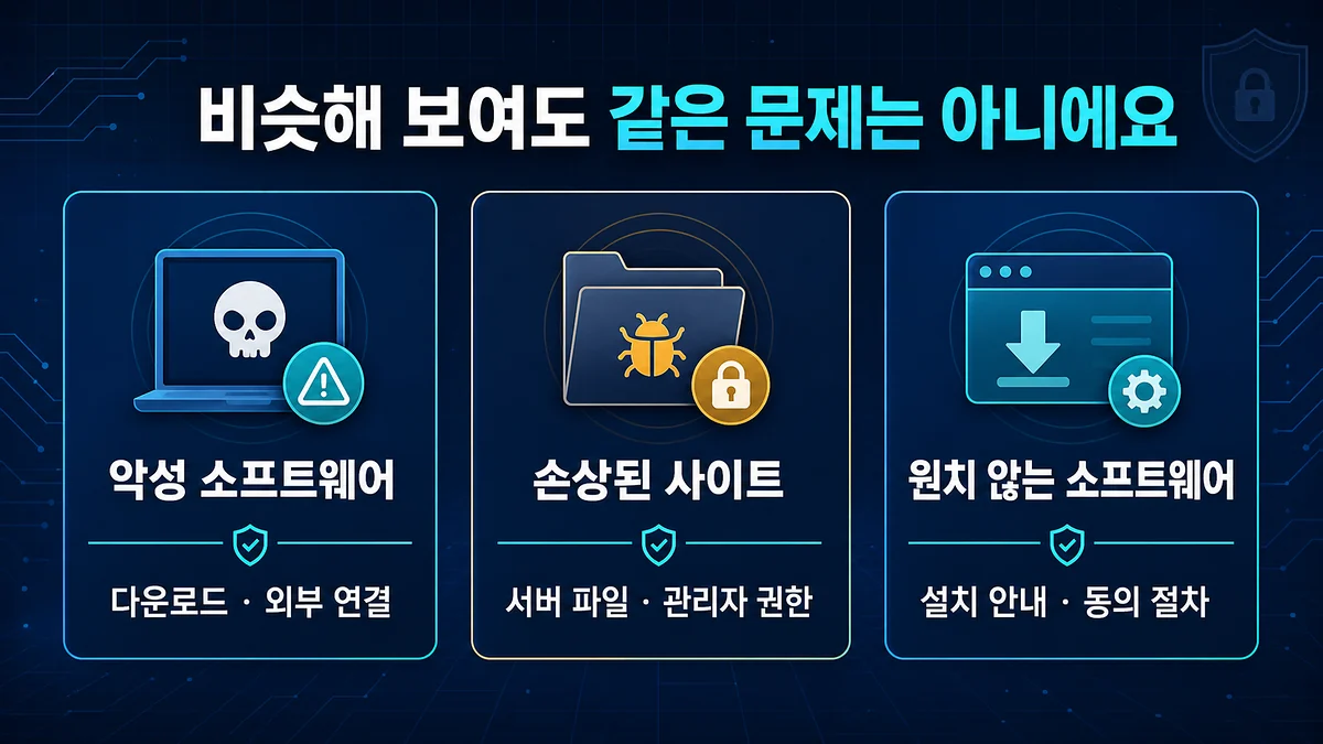 악성 소프트웨어, 손상된 사이트, 원치 않는 소프트웨어의 차이 비교
