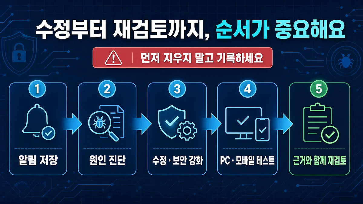 알림 저장부터 원인 진단, 보안 강화, PC와 모바일 테스트, 재검토까지의 순서