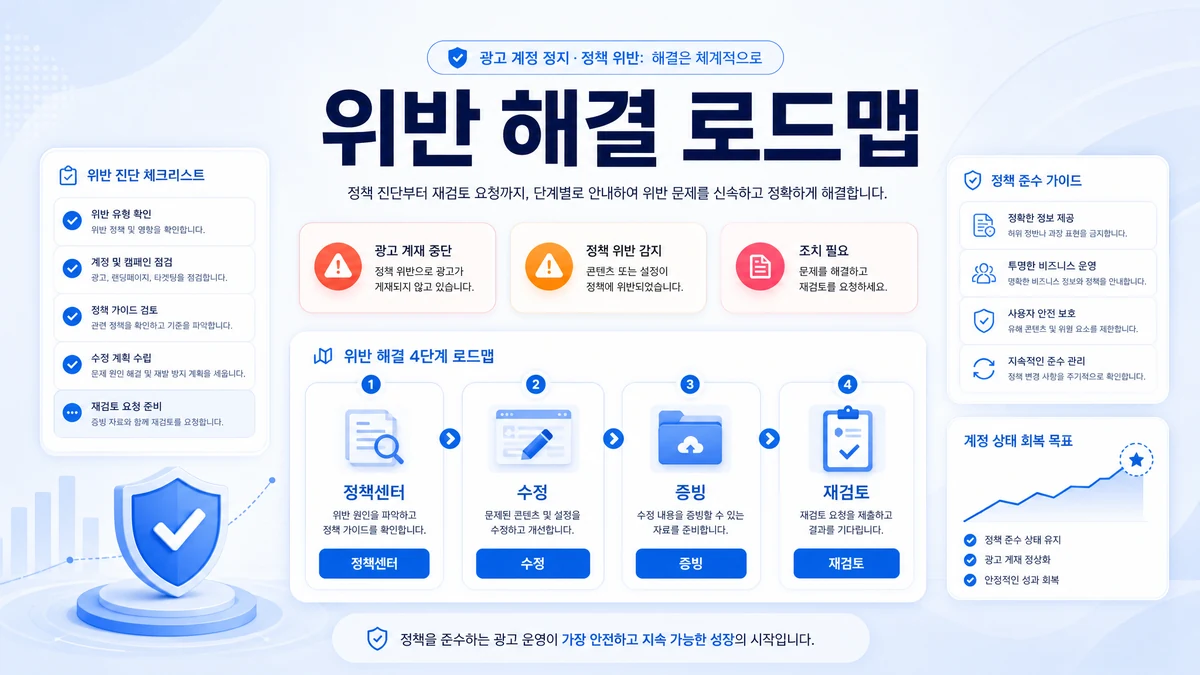 구글 광고 정책 위반 해결 로드맵을 정책센터 수정 증빙 재검토로 정리한 이미지