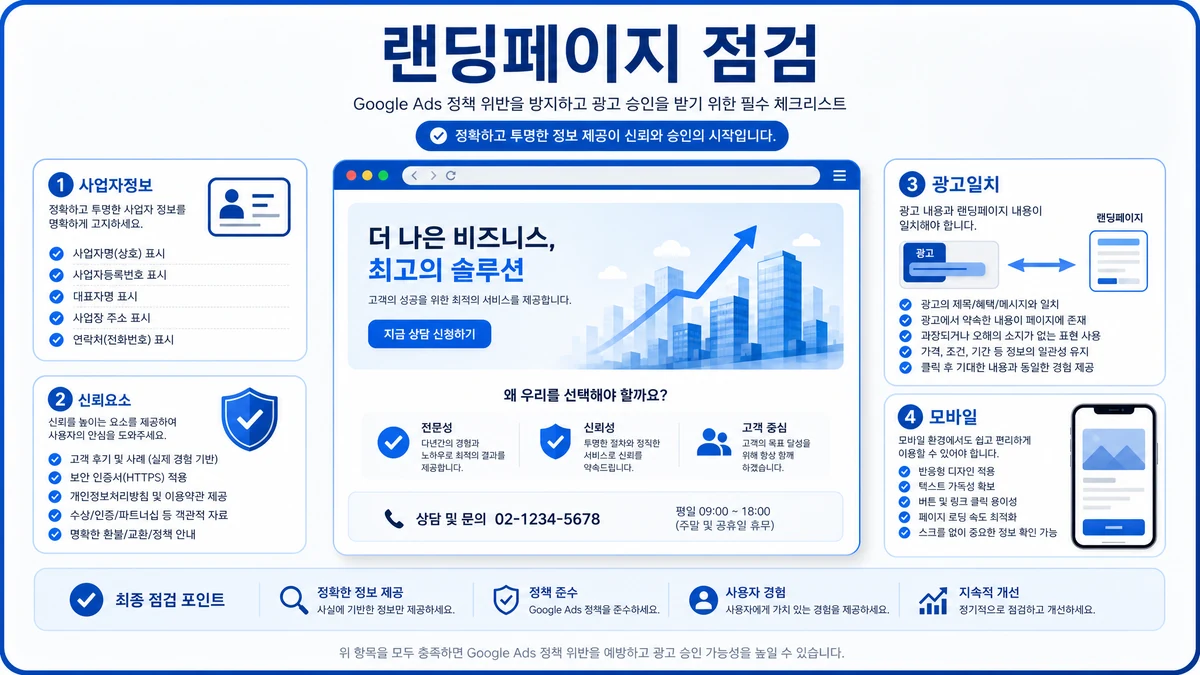 구글 광고 정책 위반 해결을 위한 랜딩페이지 점검 이미지