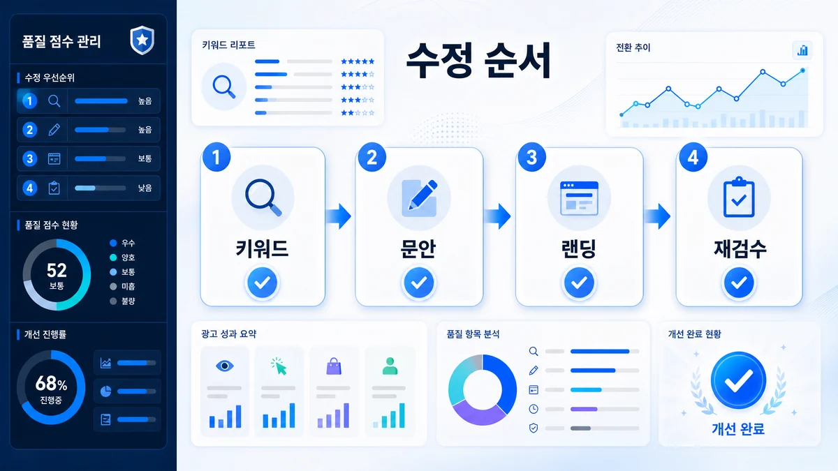 낮은 품질점수의 키워드 문안 랜딩페이지 수정 순서를 보여주는 인포그래픽