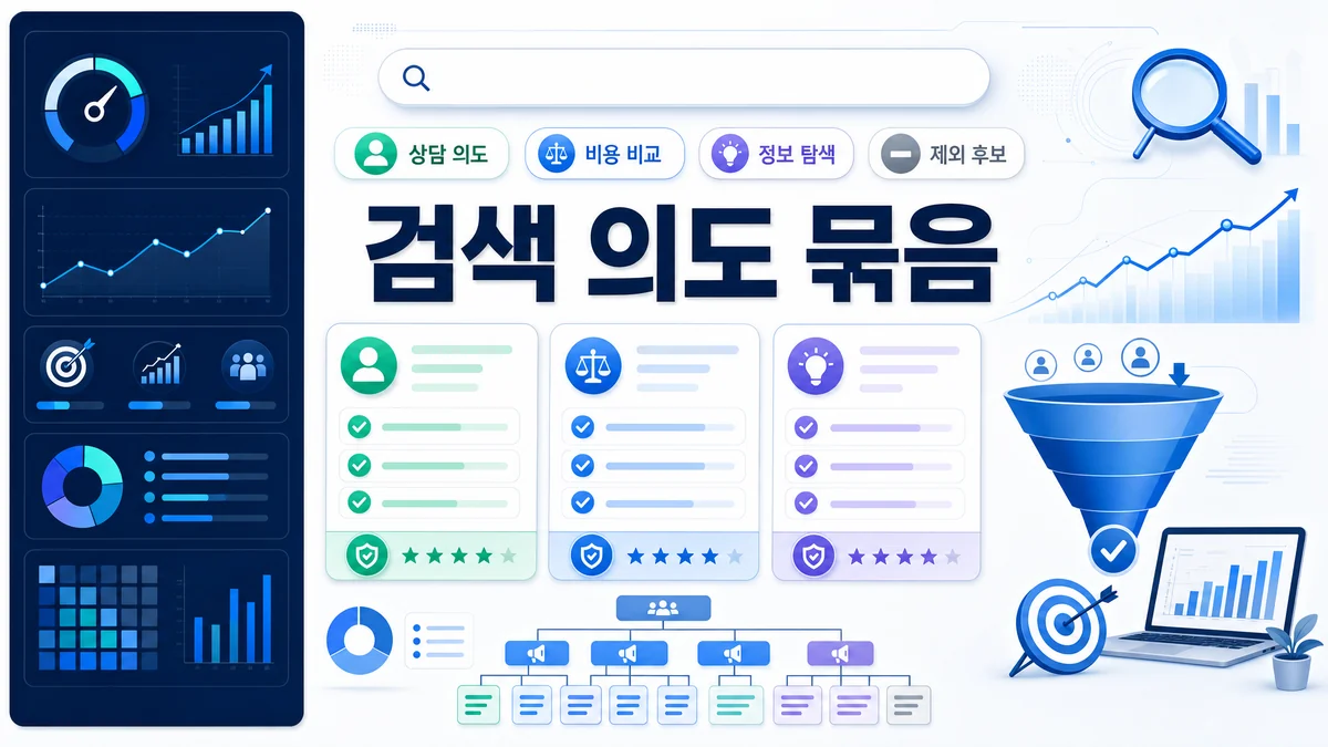 검색 의도별 키워드 묶음과 제외 후보를 정리한 품질점수 인포그래픽