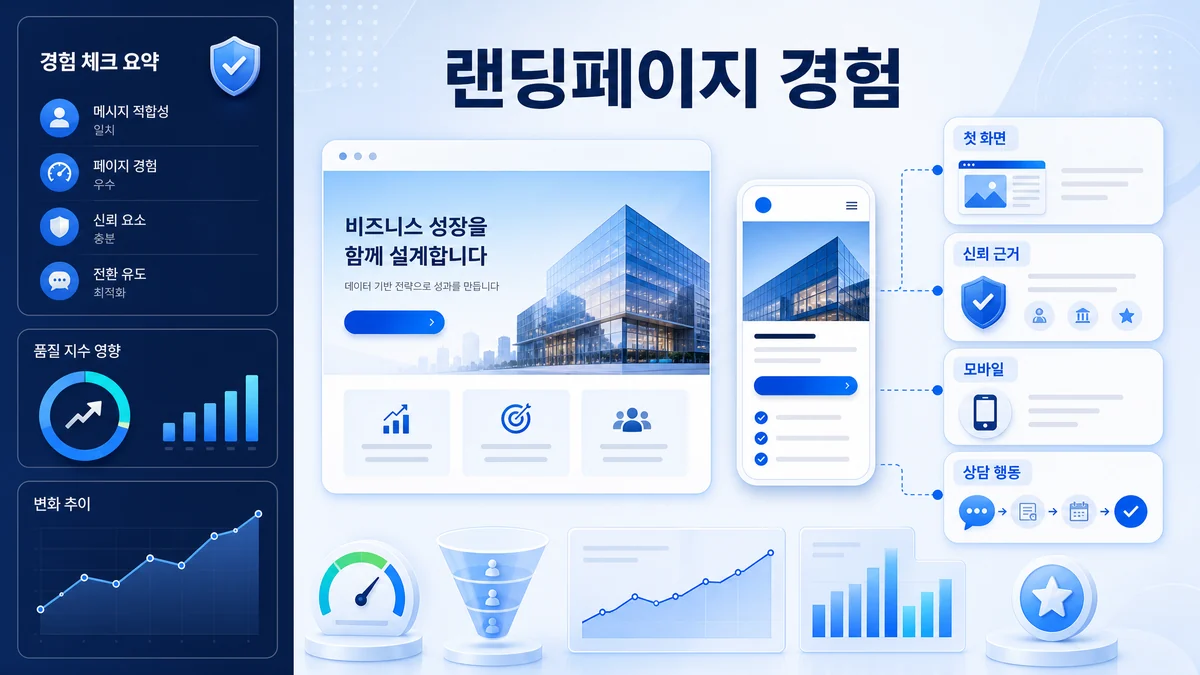랜딩페이지 경험과 모바일 상담 흐름을 설명하는 품질점수 인포그래픽