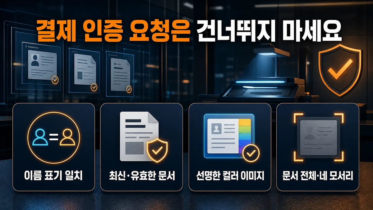 결제 인증 문서의 이름 유효기간 선명도와 모서리 점검