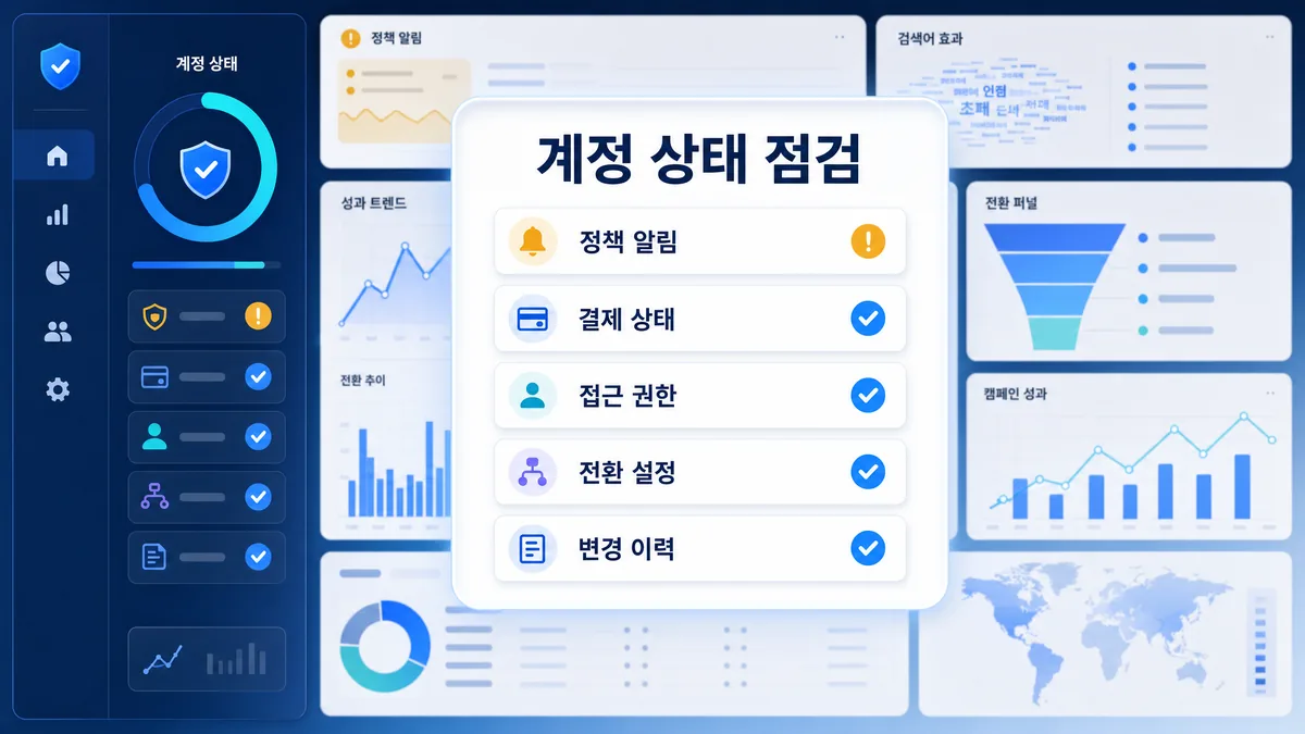 구글 광고대행 전 계정 상태와 정책 알림 점검 항목을 정리한 이미지