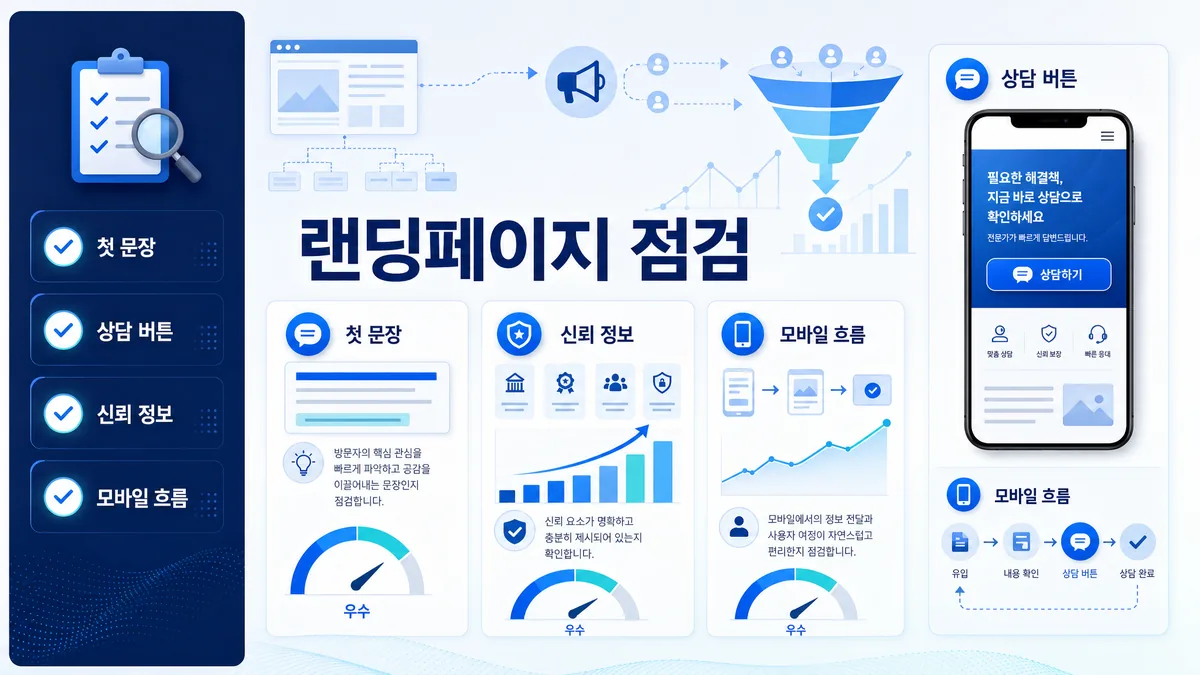 구글 광고 랜딩페이지 준비 상태와 모바일 문의 동선을 점검하는 이미지
