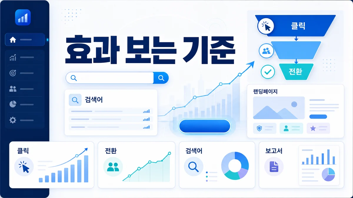 광고대행 효과 판단 기준을 클릭과 전환 흐름으로 정리해 보여주는 히어로 이미지