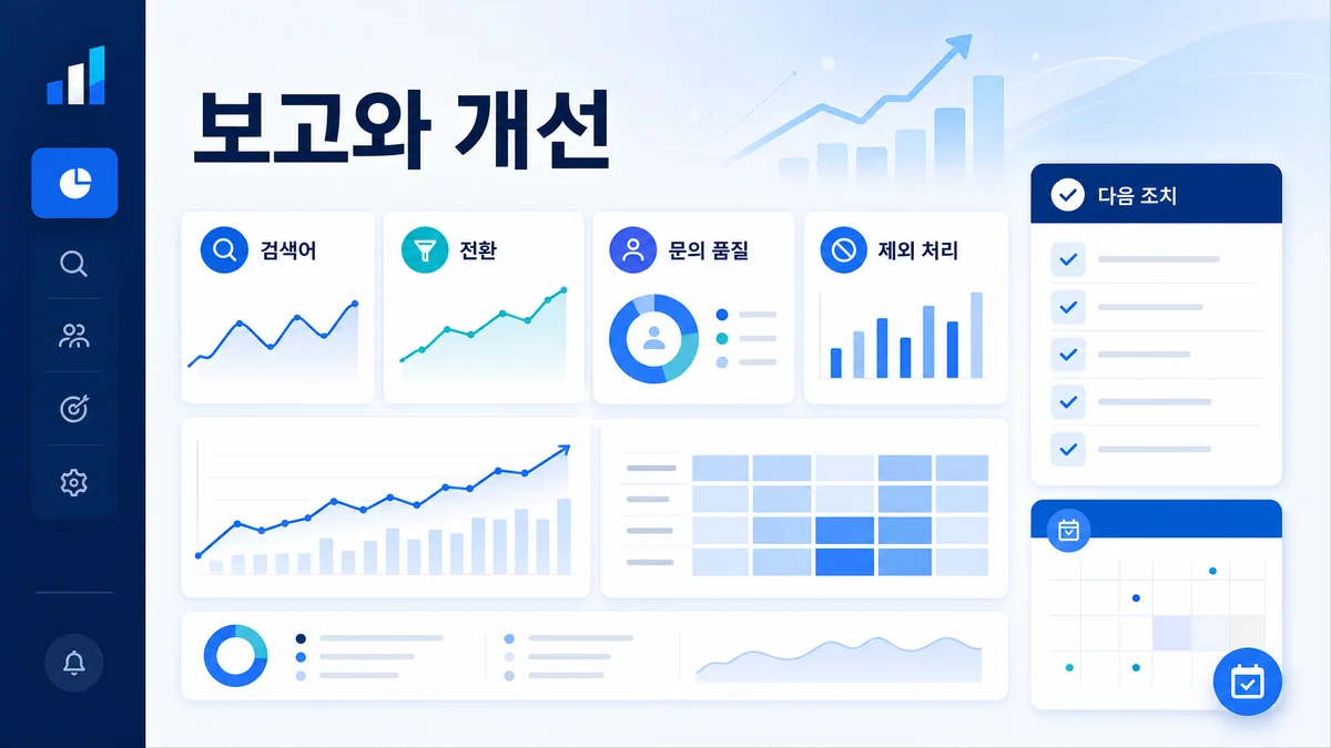광고대행 보고서와 다음 개선 조치를 함께 보여주는 운영 리포트 점검 이미지