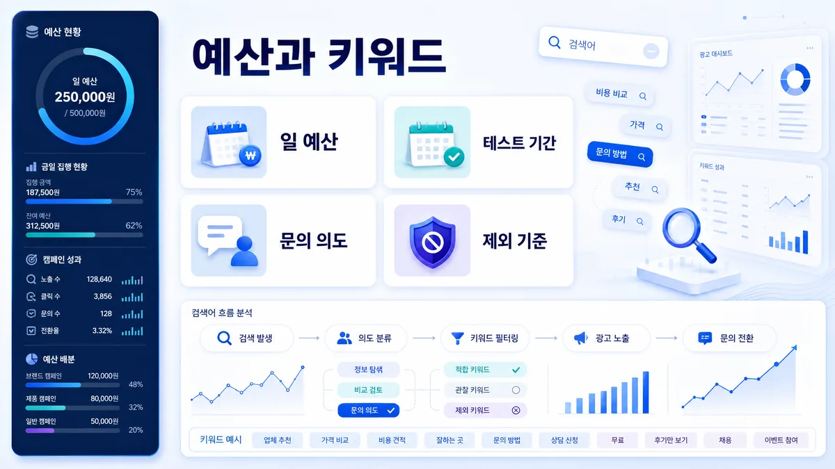 첫 광고 예산과 키워드 의도 분리 기준을 설명하는 이미지