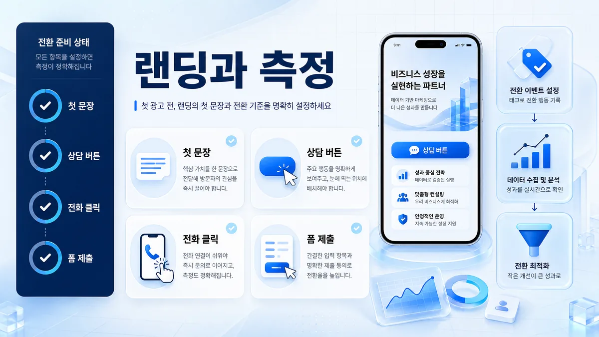 랜딩페이지 첫 문장과 전환 추적 준비 기준을 정리한 이미지