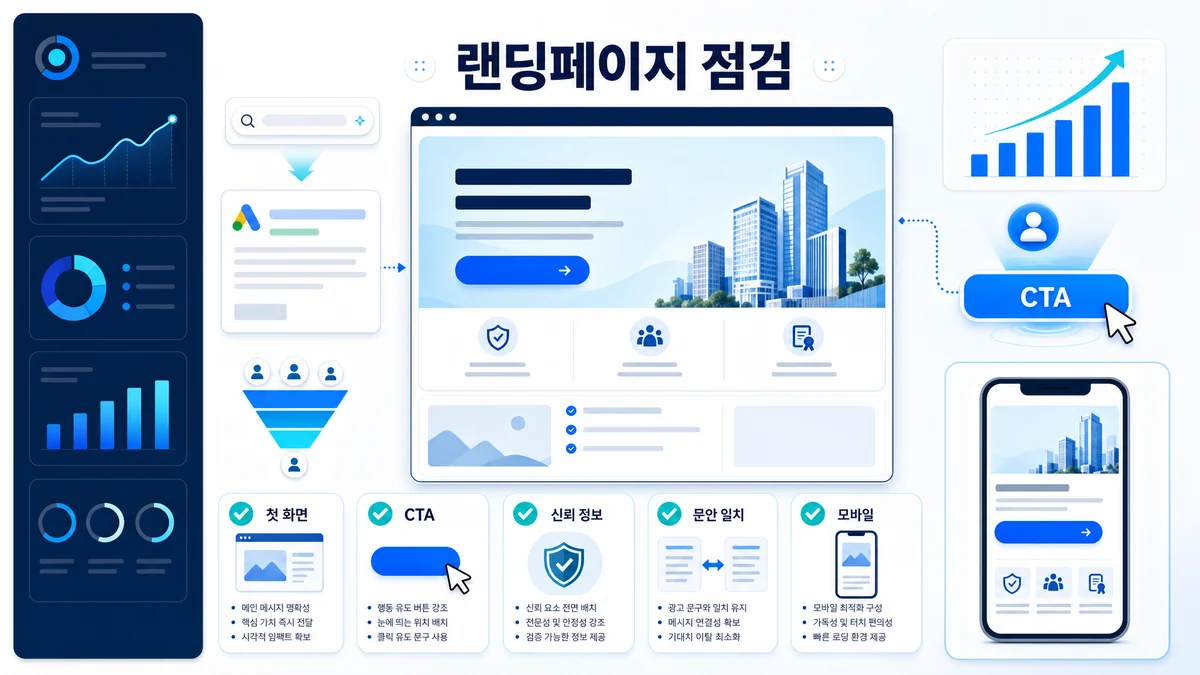 구글 광고 랜딩페이지 첫 화면과 CTA 점검 기준을 보여주는 이미지