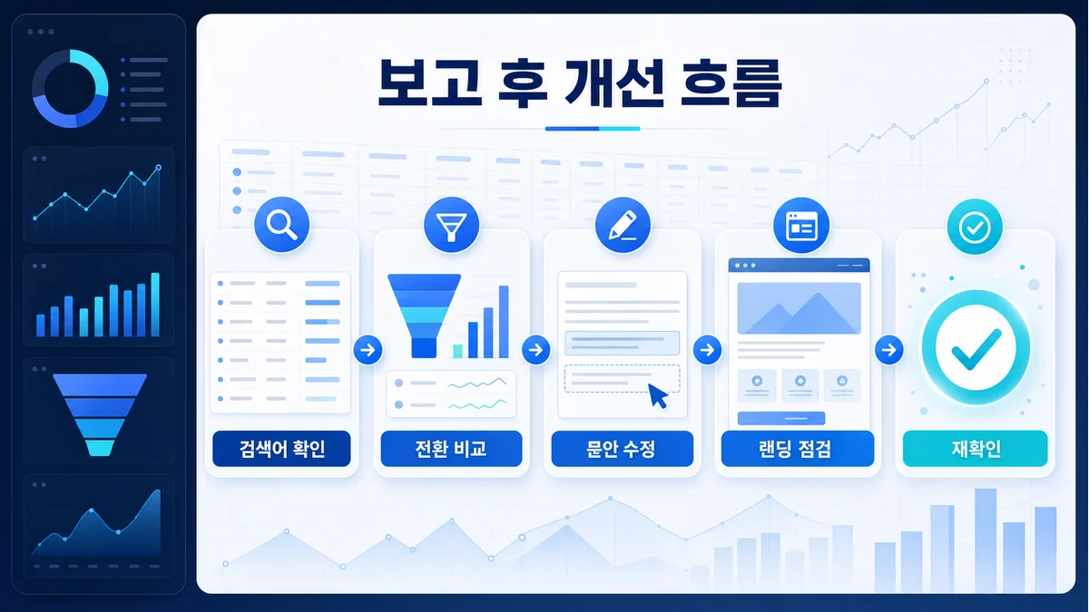 광고대행 보고 후 개선 흐름과 랜딩페이지 점검을 설명하는 이미지