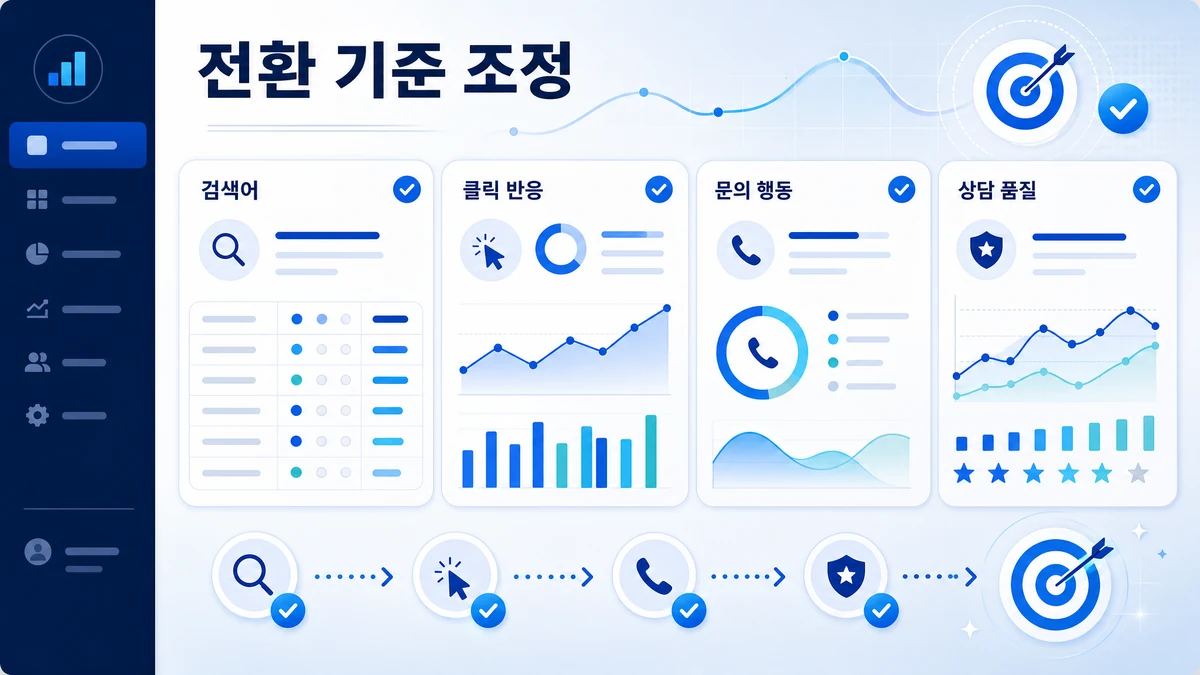 검색어와 문의 행동을 함께 보는 키워드 성과 조정 이미지