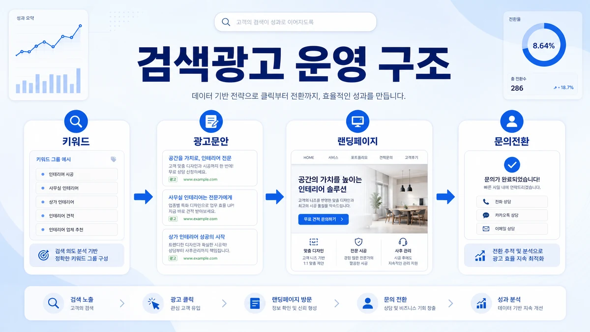 구글 검색광고 운영 구조를 키워드 광고문안 랜딩페이지 문의전환으로 설명하는 와우애드 이미지