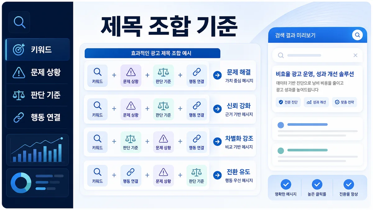 검색광고 제목 조합과 역할 분리 기준을 설명하는 이미지