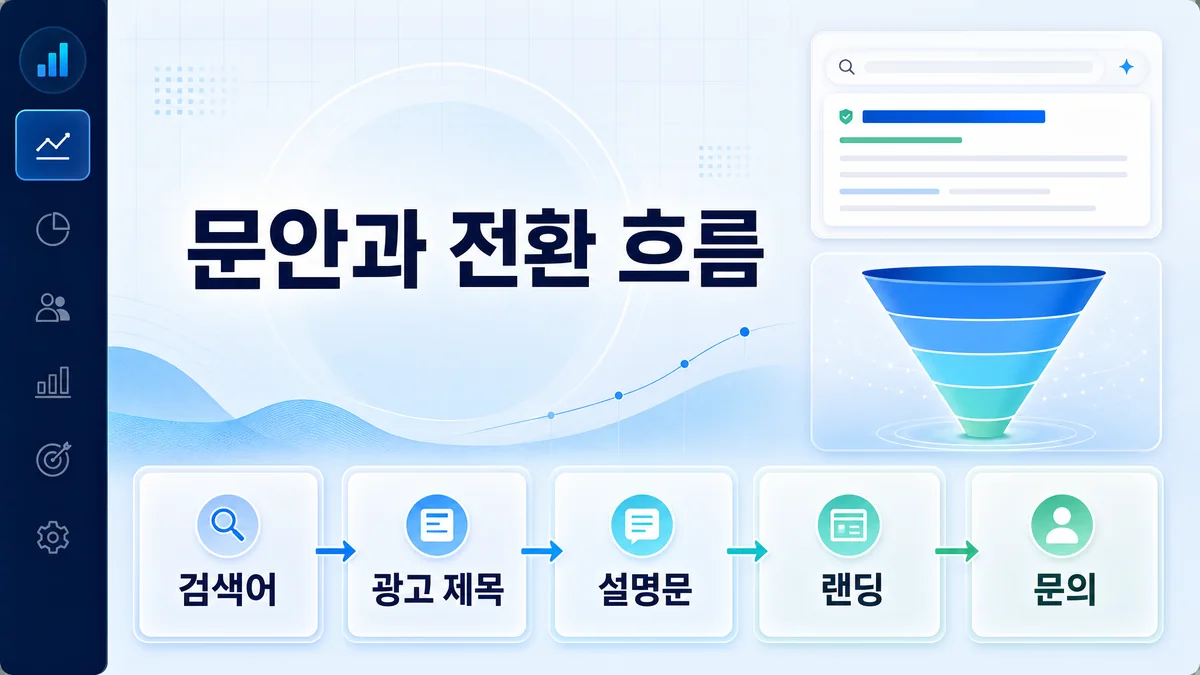 구글 검색광고 문안과 전환 흐름을 대시보드 형태로 설명하는 이미지