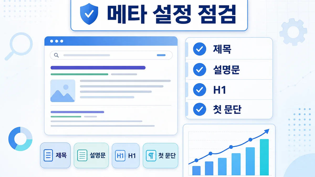 홈페이지 SEO 메타 설정과 H1 일치 기준을 보여주는 인포그래픽