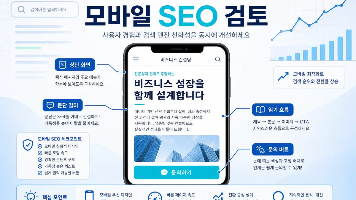모바일 화면에서 홈페이지 SEO 흐름을 점검하는 인포그래픽