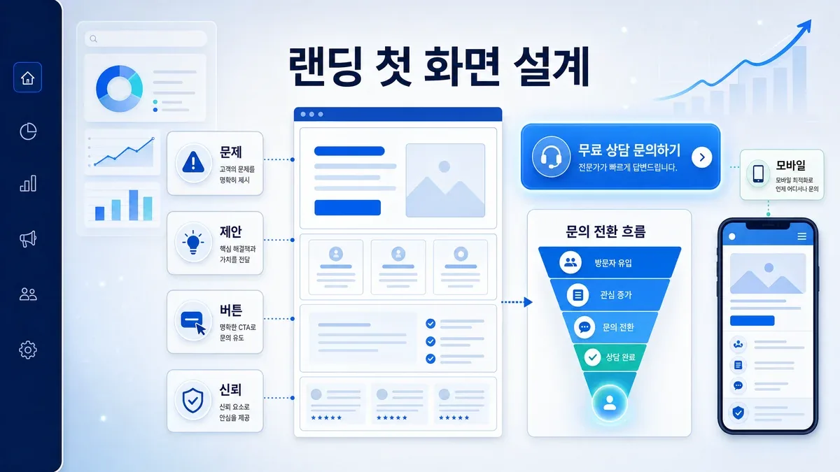 랜딩페이지 첫 화면 구성 방법과 문의 전환 흐름을 설명하는 와우애드 이미지