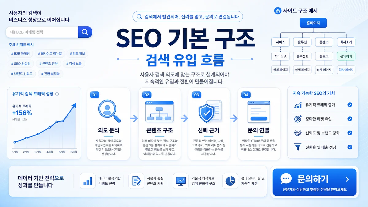 검색엔진 최적화 기본 구조와 자연검색 유입 흐름을 설명하는 인포그래픽