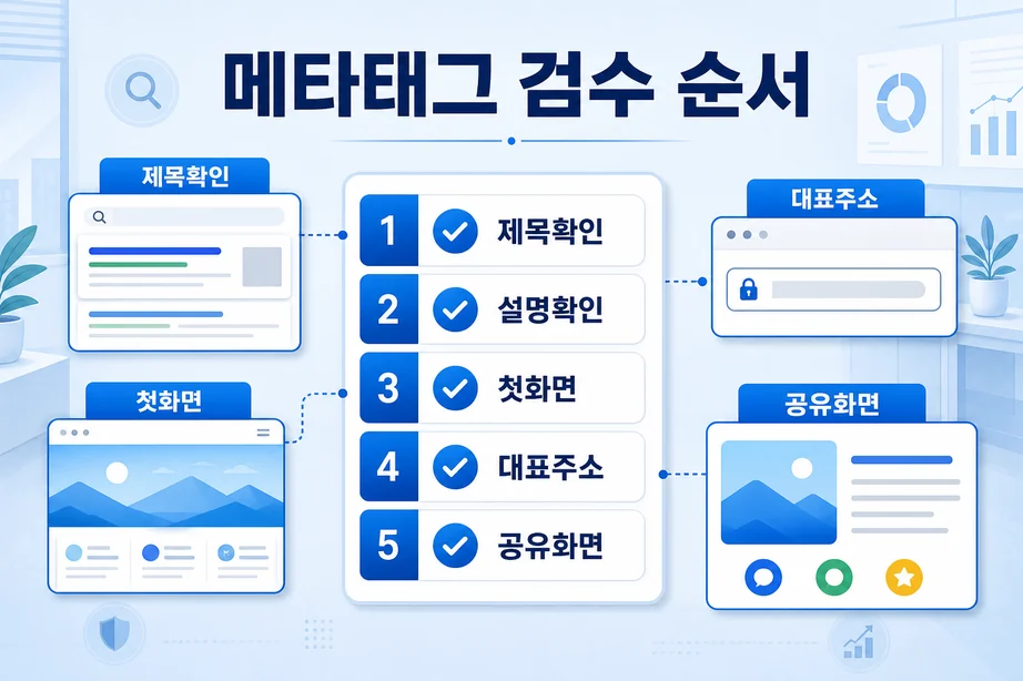 SEO 메타태그 수정 후 검수 순서를 정리한 체크리스트 이미지